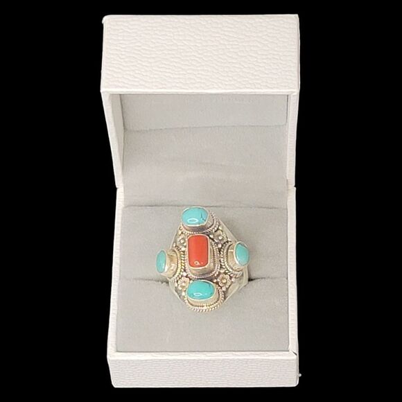 Heavy Native American Turquoise Coral Sterling Silver Ring 9 Adjustable 13.27g - Picture 2 of 11